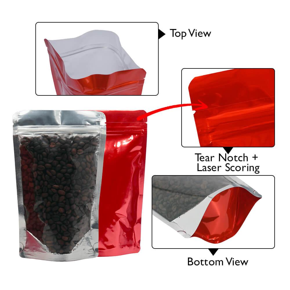 Stand Up Pouch Clear/Shiny Red 70g w Zip no Valve 110w x 170h x (35 + 35)g