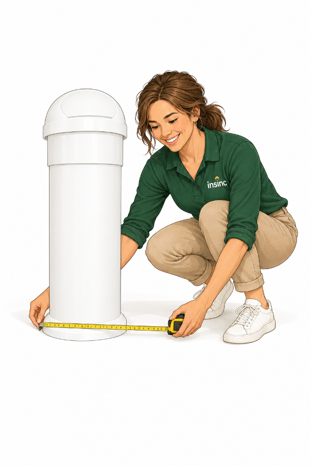 Female Alex checking the footprint of a sanitary bin with a tape measure