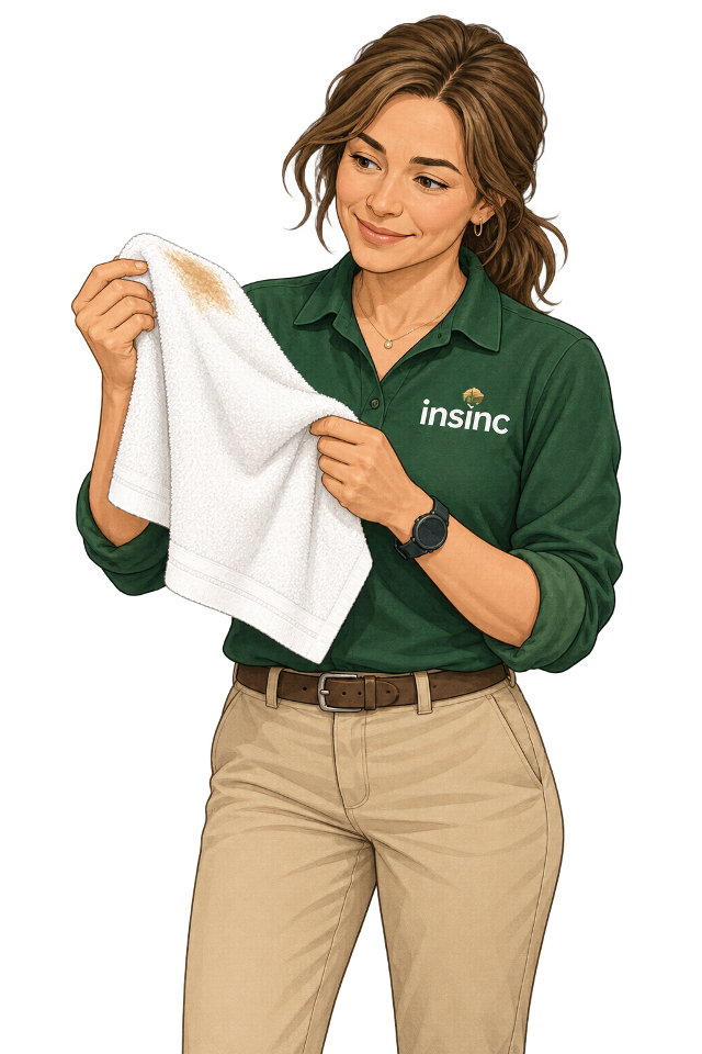 Female Alex inspecting makeup marks on a towel