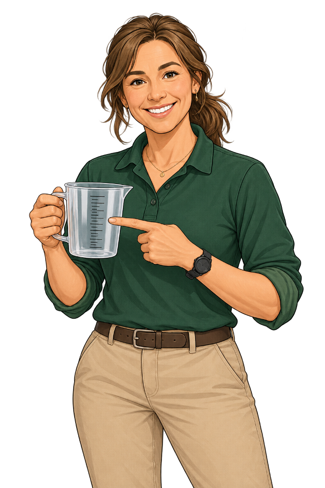 Female Alex checking the markings on a measuring jug